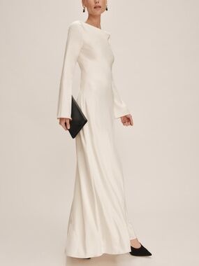 Reformation CIANA Satin Long Sleeve Maxi Dress Wedding Bridal FIOR DI LATTE Sz 8